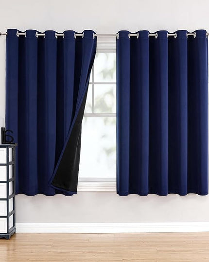 ChrisDowa 100% Blackout Curtains 63 inch Long for Bedroom with Black Liner, Extra Wide 2 Thick Layers Total Blackout Thermal Insulated Grommet Window Curtains 2 Panels Set (Navy Blue, 60 x 63 Inch)