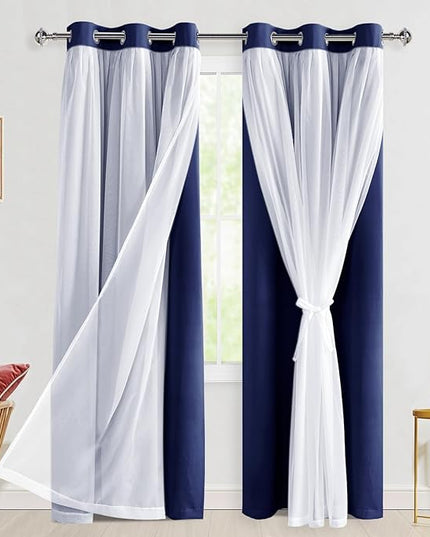 Hiasan Blackout Curtains with Sheer Overlay 84 Inches Long, Thermal Insulated Mix & Match Double Layer Window Curtains for Bedroom, Living Room, Nursery, 2 Panels with Tiebacks, Navy Blue, 42W X 84L