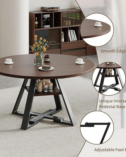 Walnut Round Dining Table Set for 4, Mid-Century Modern Kitchen Table and Chairs, Small Space Dining Room Furniture for Apartment, Breakfast Nook or Studio (Walnut wood-Storage Table+4 Black Chairs)