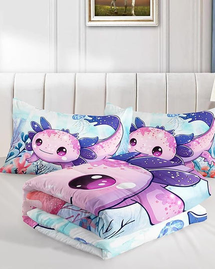 Cute Axolotl Bedding Set Queen Size,Color Axolotl Waterweed Jellyfish Pattern Toddler Bed Comforter Set,Kawaii Ocean Life Bedding Sets for Kids Boys Girls Room Decor with 2 Pillowcases.
