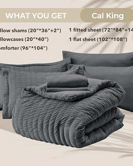 HYMOKEGE California King Comforter Set Seersucker 7 Pieces, All Season Luxury Bed in a Bag for Bedroom, Bedding Set with Comforters, Sheets, Pillowcases & Shams, Dark Grey