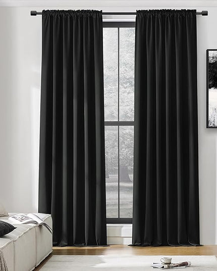 DONREN 99 Percent Blackout Curtains Draperies - Light UV Block Insulated Rod Pocket Window Curtain Panels for Kids Nursery(52 x 96 Inches,Set of 2 Panels,Black)