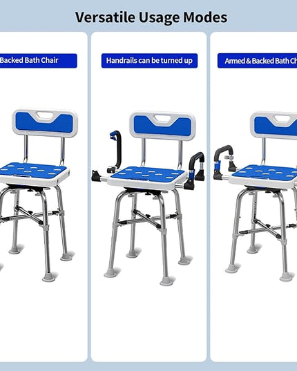 Swive Shower Chair with Arms and Back Heavy Duty 500 lbs for Seniors Elderly Disabled or Bariatric Adults Bench Seat for Inside Shower Stall and Bathroom Bath Tub Seats Adjustable Stool