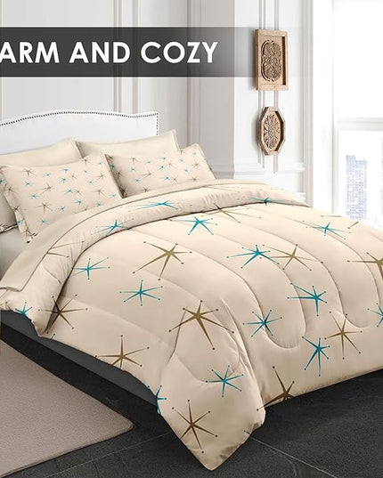 Comforter Set Twin Size, Mid Century Vintage Atomic 5 Pcs Bedding for Kids and Adults, Retro Geometric Science Bed Sheet Sets with Fitted Sheet Pillowcase & Sham for Bedroom Bed Decor