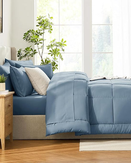 CozyLux California King Comforter Sets Mineral Blue, 7 Pieces Cal King Bed in a Bag, All Season Bedding Sets with Stitch Quilted Comforter, Flat Sheet, Fitted Sheet, Pillowcases