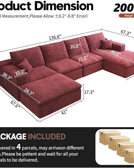 136.6'' U-Shaped Modern Modular Sectional Cloud Couch Whit Ottoman, 4-Seat Chenille Deep-Seat Sofa with Pillow for Living Room, Bedroom, Apartment, Wine Red