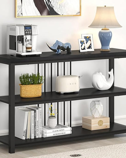 FOLUBAN Entryway Table, Modern Sofa Console Table with 3 Tier Storage Shelf for Living Room Hallway Foyer, Industrial Black Oak