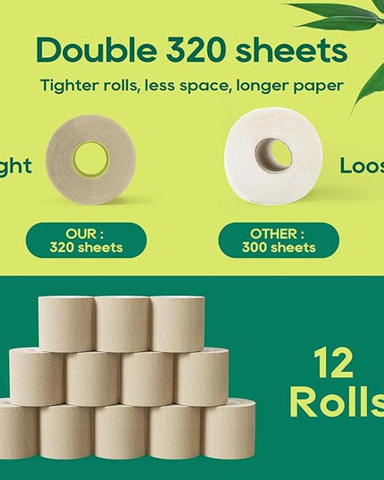 ECOLipak Bamboo Toilet Paper 3 Ply, Septic Safe Toilet Tissue, 12 Double Rolls, 320 Sheets Per Roll, Tree Free, Non Toxic, Soft and Absorbent, Eco Friendly Dye-Free Paper, Brown