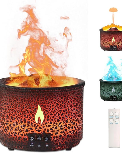 Volcano Humidifier Quiet Flame Diffuser: 300ml Spray Humidifier with 2 Modes Fire Mist Waterless Auto Shut Off Aromatherapy Diffuser with Remote Control for Bedroom Home, Office(Red & Blue)
