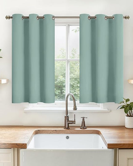 YoungsTex Sage Green Blackout Curtains 40 Inch Length for Kitchen Windows - Short Thermal Insulated Drapes with Grommet Room Darkening Privacy for Bathroom Bedroom, 2 Panels, 42 x 40 Inch