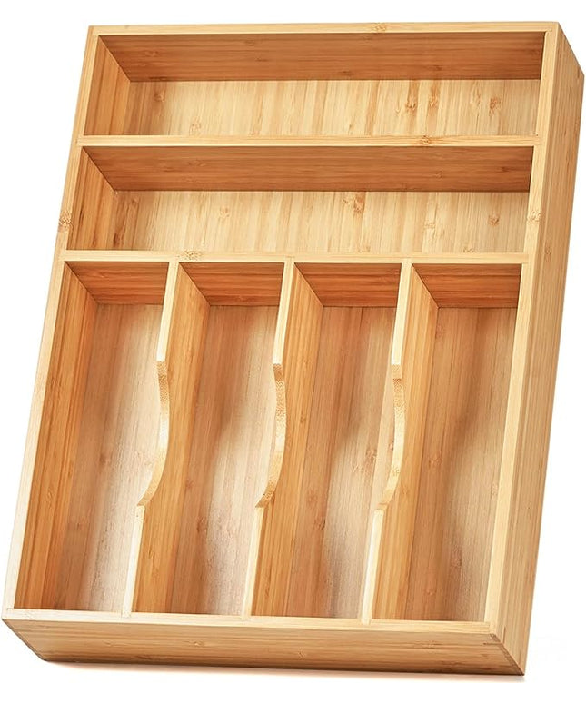 Umilife Kitchen Drawer Organizer, 12 Inch Silverware Utensil Tray Holder, Extra Deep, with Non-Slip Feet & Grooved Drawer Divider, 6 Slots Total Bamboo Wood Caddy for Flatware Cutlery Knives
