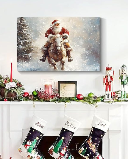YONICA Christmas Wall Decor Santa Canvas Wall Art Home Decorations 40x28 Inches - Santa Pictures Santa Claus Riding a Horse Christmas Pine Tree Prints Winter Painting Xmas Artworks for Living Room