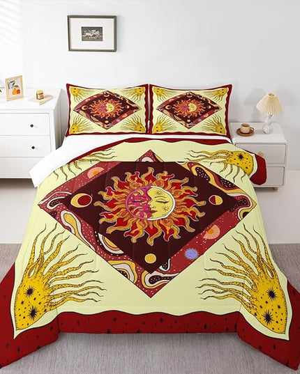 Sun Moon Kids Comforter Set Twin Size,Starry Sky Galaxy Psychedelic Bedding Set,Boys Girls Adults Room Decor,Bohemia Exotic Geometric Creative Down Comforter,Red Retro Duvet Insert,1 Pillowcase