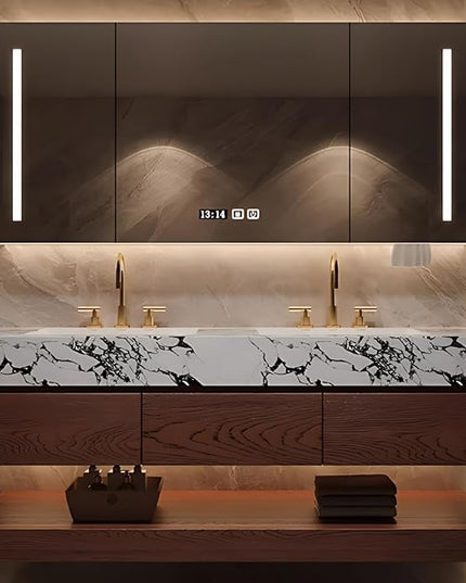 78IN Solid Wood Bathroom Cabinet, Bathroom Vanity with Double Sinks | One Click Defogging & 2 LED Light Strips, Tissue Hole, Bathroom Storage Cabinets with 3 Drawers (Reddish Brown)