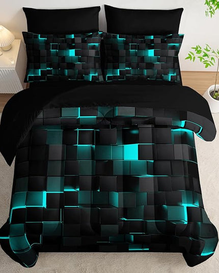Geometric Turquoise Black Queen Comforter Set,Light Honeycomb Bedding Set 7 Piece in A Bag,Bed Sheet Set Geometry Decor,Microfiber Lightweight All Season
