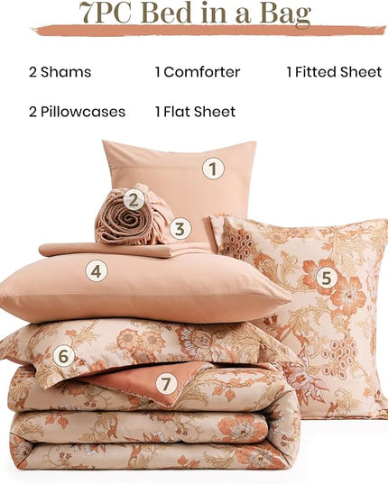 Full Comforter Set -7 Pieces Terrecotta Floral Comforter Set for All Seasons, Bed in a Bag Full with Botanical Flowers Comforter, Sheets, Pillowcases & Shams