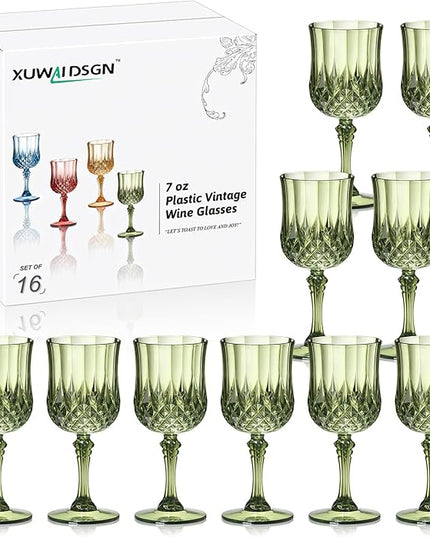 XUWAIDSGN 16 Pcs 7oz Plastic Vintage Wine Glasses Drinking Glasses Unbreakable Wedding Glassware Crystal Water Goblets Reusable Drinkware Vintage Champagne Flutes (16, Dark Green)