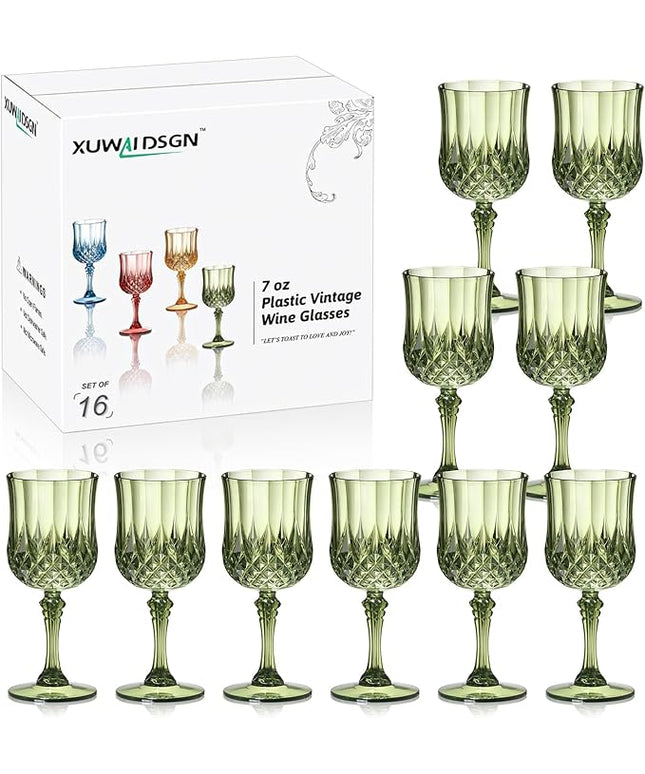 XUWAIDSGN 16 Pcs 7oz Plastic Vintage Wine Glasses Drinking Glasses Unbreakable Wedding Glassware Crystal Water Goblets Reusable Drinkware Vintage Champagne Flutes (16, Dark Green)