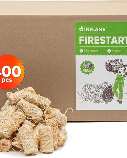 Inflame Fire Starters 400 pcs Fire Starters for Campfires, Grill, BBQ, Fireplace, Woodstove - Charcoal Starter - Waterproof, Weather-Resistant - Natural Wood Fireplace Starters