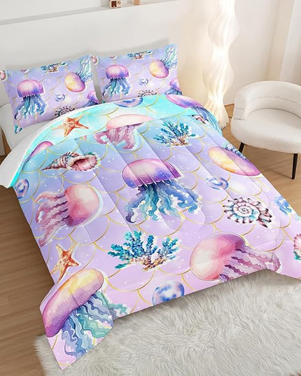 Cute Ocean Comforter Set Kids Bedding Full Size,Color Jellyfish Conch Sea Star Print Comforter for Teens Boys Girls Room Decor,Kawaii Beach Bedding Set with 2 Pillowcases.