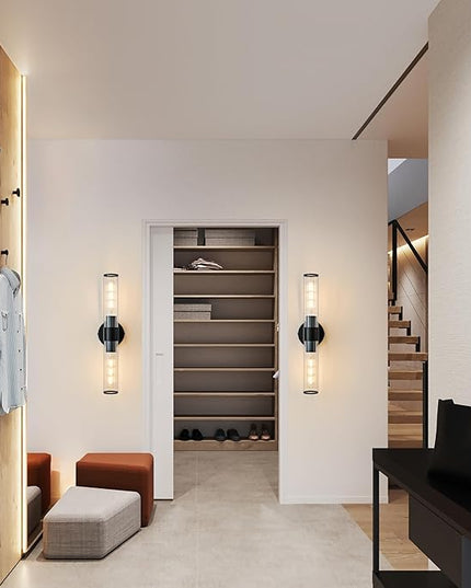 Bathroom Vanity Light Fixtures, Black Wall Sconces in Threaded Glass, Modern Wall Light for Bathroom Living Room Bedroom, Hallway - Bulb Not Included