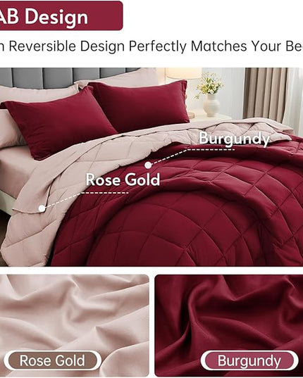 MUXHOMO 7 Pieces California King Comforter Set, Reversible Bed in a Bag Cal King Size, All Season Bedding Set with Comforter, Flat Sheet, Fitted Sheet, Pillowcases & Shams, Burgundy & Rose Gold