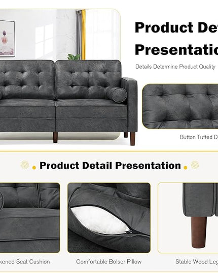 67" Suede Leather 2 Seater Sofa with Two Bolster Pillows, Tufted Sofa with Wooden Legs, Mordern Couch for Living Room, Office, Apartment, Grey