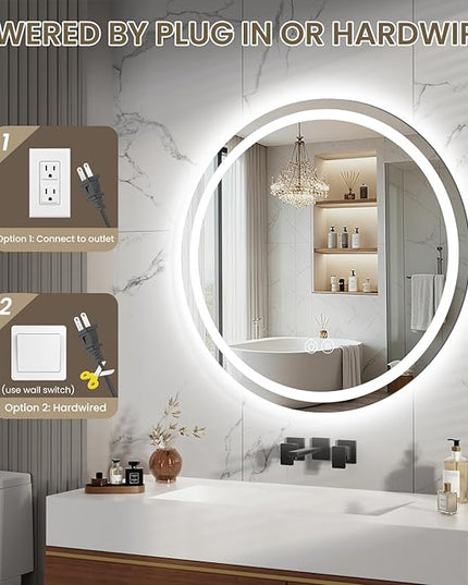 LED Bathroom Mirror 36 Inch Round Bathroom Mirror with Lights, Circle Wall Mirror with 3 Colors Brightness, Anti-Fog for Bathroom Vanity, Entryway Living Room