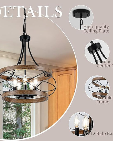 5-Light Farmhouse Chandelier, 17.72" Rustic Drum Dining Room Light Fixture, Vintage Wood Finish Metal Hanging Pendant Lighting, Industrial Candle Chandeliers for Living Room Kitchen Entryway Bedroom