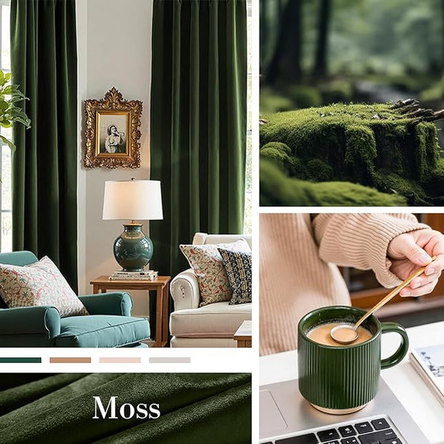 Lazzzy Velvet Green Curtains 108 Inches Long Black Out Thermal Insulated Room Darkening Curtain Drapes Luxury Back Tab Window Treatments for Bedroom Living Room 2 Panels, 52 x 108 Inch, Moss Green