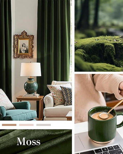 Lazzzy Velvet Blackout Curtains Thermal Insulated Room Window Drapes Super Soft Luxury Curtains for Living Room Bedroom Rod Pocket 2 Panels, Moss, 52" W x 84" L