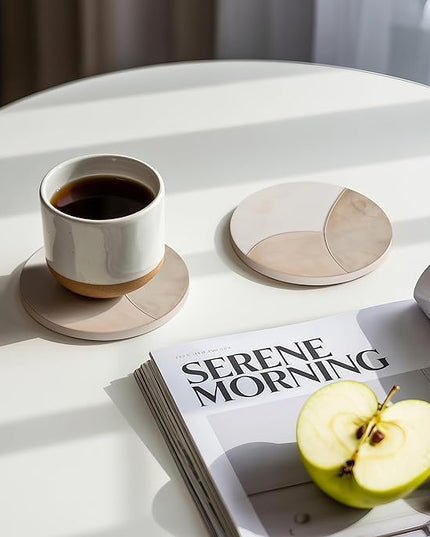VEYRO Coasters Set of 6 for Drinks – Absorbent Ceramic Stone Drink Coasters with Cork Backing for Coffee Table & Desk, Modern Marble Look Cup Coaster Set, Housewarming Gift for New Home