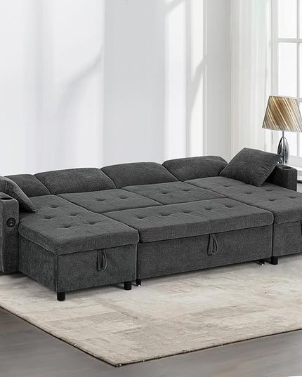 110" Fabric Pull-Out Couch Bed w/Adjustable Backrests, Sectional Sleeper Sofa w/USB Ports & 2 Cup Holders, Upholstered U-Shaped Couch w/Storage Chaise for Living Room, House, Grey