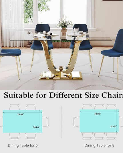 70'' Glass Dining Table for 4-8 People, Tempered Glass Top and Gold U Stainless Steel Base, Large Dining Room Desk for 6, Modern Glass Gold Kitchen Table for 6