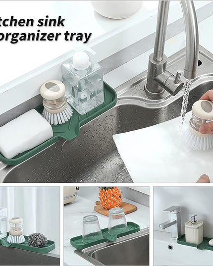 Silicone Bathroom Soap Dishes with Drain Spout-Bathroom and Kitchen Sink Organizer,Sponge Holder,Dish Soap Tray,Perfect for Dispenser,Scrubber,Bottle,Cup on Sink or Counter-Green 12"×4"