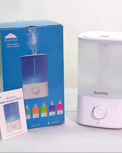 BlueHills Premium 5000 ML XL Essential Oil Diffuser Humidifier Large Room Huge Coverage Area 5 Liter Big Capacity High Mist Output 100 Hours Long Run Time Aroma Diffuser White G501