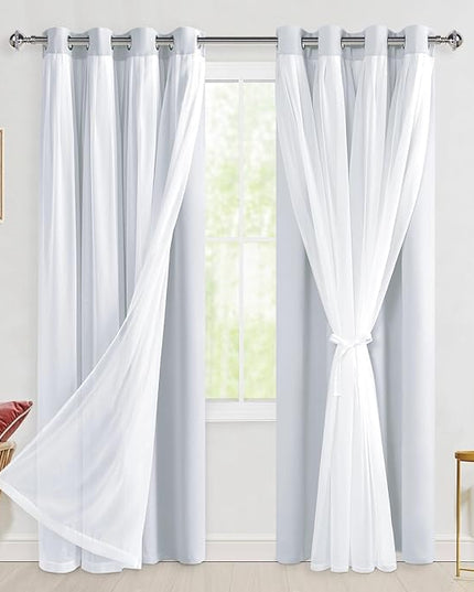 Hiasan Greyish White Blackout Curtains with Sheer Overlay, Grommet Thermal Insulated Mix & Match Double Layer Window Curtains for Bedroom, Living Room, 2 Drape Panels Sewn with Tiebacks, 52W X 84L