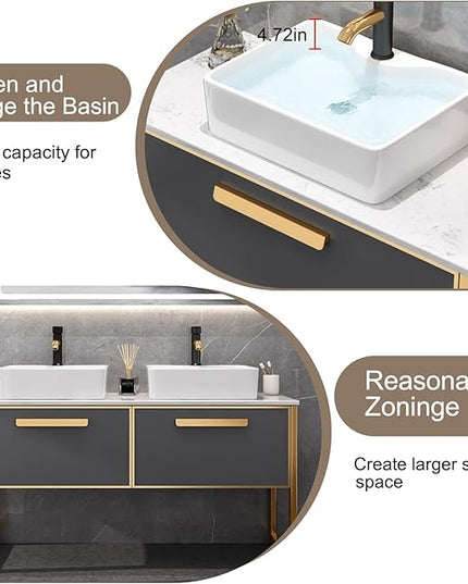 Double Floating Bathroom Vanity with Sink - Luxury Wall-Mounted Bathroom Vanity | High-Definition Smart Mirror Includ LED & Defog Mirror, Elegant Style (60IN)
