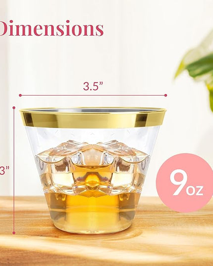 Prestee 100-Pack 9oz Gold Rimmed Plastic Cups Disposable Wine Glasses for Charcuterie, Weddings, Parties, and Events - Elegant Cocktail and Drinking Cups for Champagne, Martini, and Mocktails