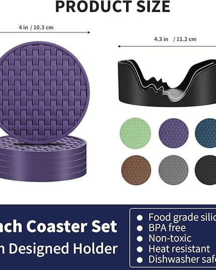 Purple Silicone Coasters with Holder, 4 Inches Non-Slip Decorative Cup Mats for Drinks, Heat Resistant & Waterproof Round Coaster Set of 6 for Home, Office, Kitchen, Bar Table