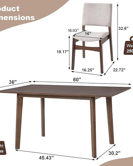 5-Piece Dining Set Modern Dinner Table Set for 4, Wood Dining Table with 4 Upholstered Chairs, 60" Rectangular Table with Stackable Chairs Padded Seat Backrest for Dining Room Kitchen Apartment,Walnut