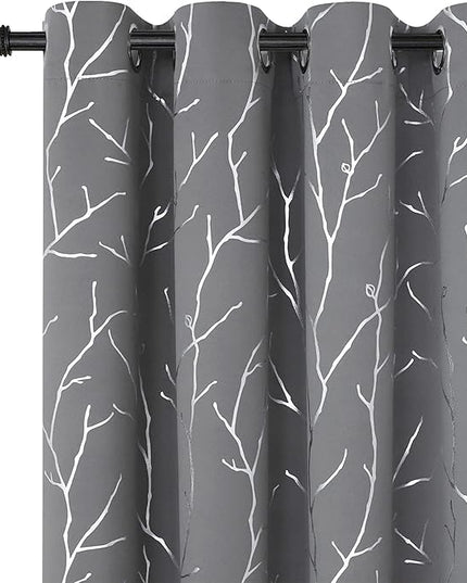 BUHUA Black Out Curtains 108 Inch Long 2 Panels, Soundproof Curtains with Elegant Silver Tree Branches Print, Heat Blocking Curtains for Livingroom, 52W x 108L, Light Grey