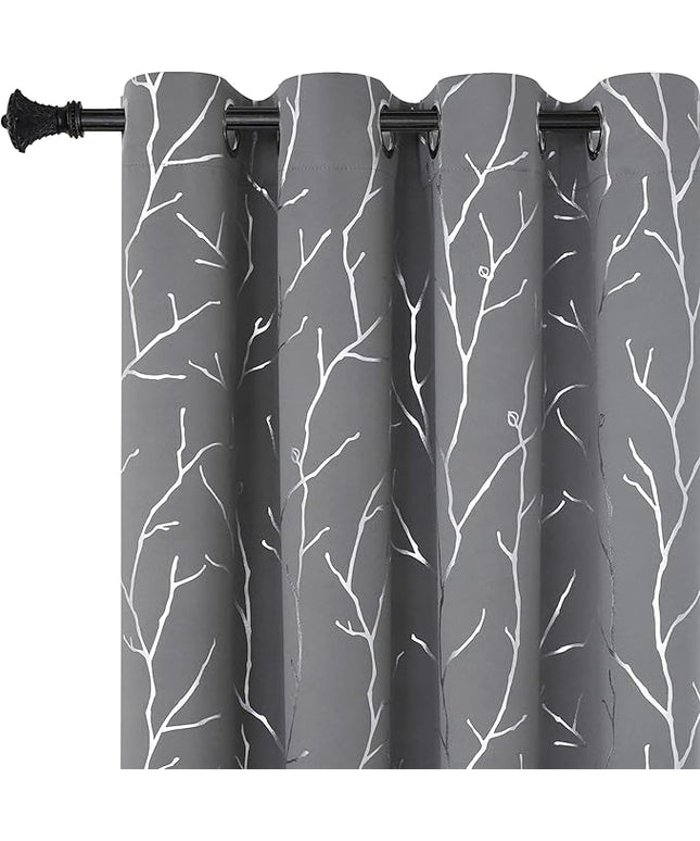 BUHUA Black Out Curtains 108 Inch Long 2 Panels, Soundproof Curtains with Elegant Silver Tree Branches Print, Heat Blocking Curtains for Livingroom, 52W x 108L, Light Grey