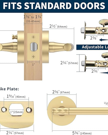 1 Pack Gold Privacy Door Handle - Keyless Entry, Heavy Duty Zinc Alloy Lever for Bedroom/Bathroom