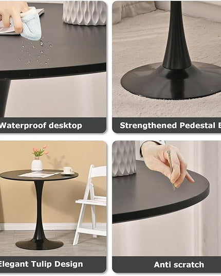 Round Table,31.5" Modern Black veneered Dining Table for 2-4 People with MDF Top&Metal Pedestal Base,Coffee Table Thickened Tabletop for Dining Room/Kitchen/Living Room,Black