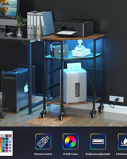 HAIOOU Corner Printer Stand Table with Power Outlet Charging Plugs USB Port & LED Lights, 3-Tier Corner Table with Wheel, Metal Frame Adjustable Storage Shelf for Home Office Kitchen