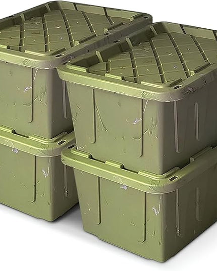 HOMZ 4-Pack Durabilt Tote, Heavy Duty Plastic Storage Bins with Lids, 27 Gallon, Green Camo - Stackable Organizing Containers for Home, Garage, and Office