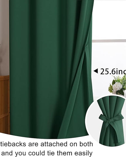 JIUZHEN Forest Green Blackout Curtains with Tiebacks, Light Blocking and Noise Reducing Grommet Curtains for Bedroom and Living Room, Set of 2 Window Curtain Panels, 52 x 45 Inch Length