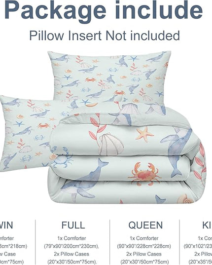 Whale Bedding Set Twin Size Light Blue Boys Ocean Comforter Set Twin Size Marine Life Bed Set Crab, Shell, Starfish Pattern Bedding for Kids Cute Ocean Quilt Set with 1 Comforter+ 1 Pillowcase