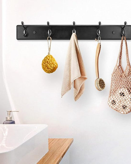 Wooden Coat Rack, Wall-Mounted Organizer for Closet, Entryway, Hallway, Foyer, Bedroom, Heavy Duty Double Hooks for Hanging Towels, Bags, Hats, Jackets, Key (Black, 5 Hooks)